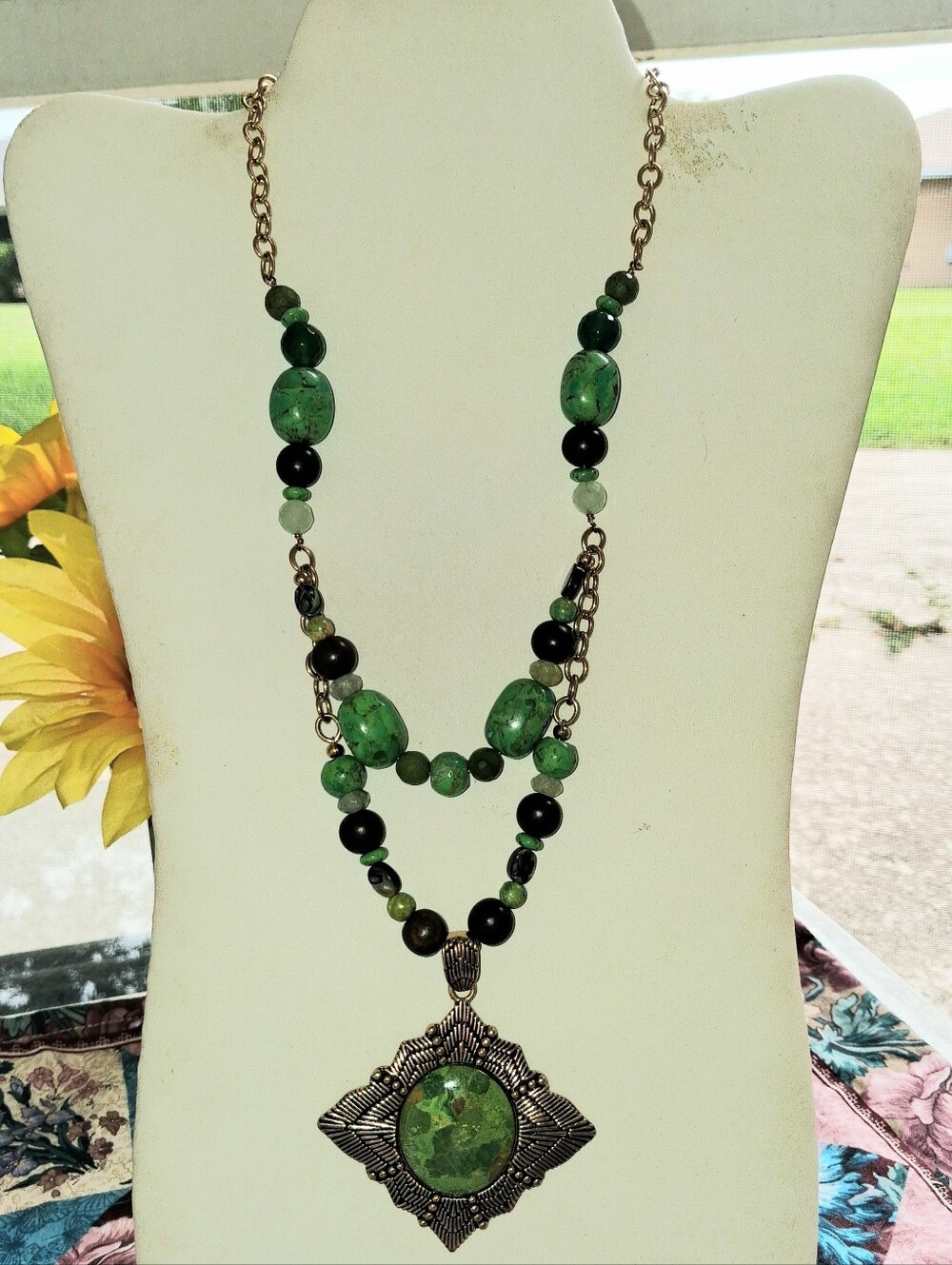 STUDIO BARSE BRASS BEADED NECKLACE WITH BEAUTIFUL BRASS PENDANT W/ GREEN STONE